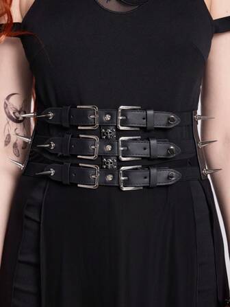 Goth 1 pieza Cinturón de mujer negro con decoración de calavera con púas, accesorio versátil para vestir en estilo punk oscuro