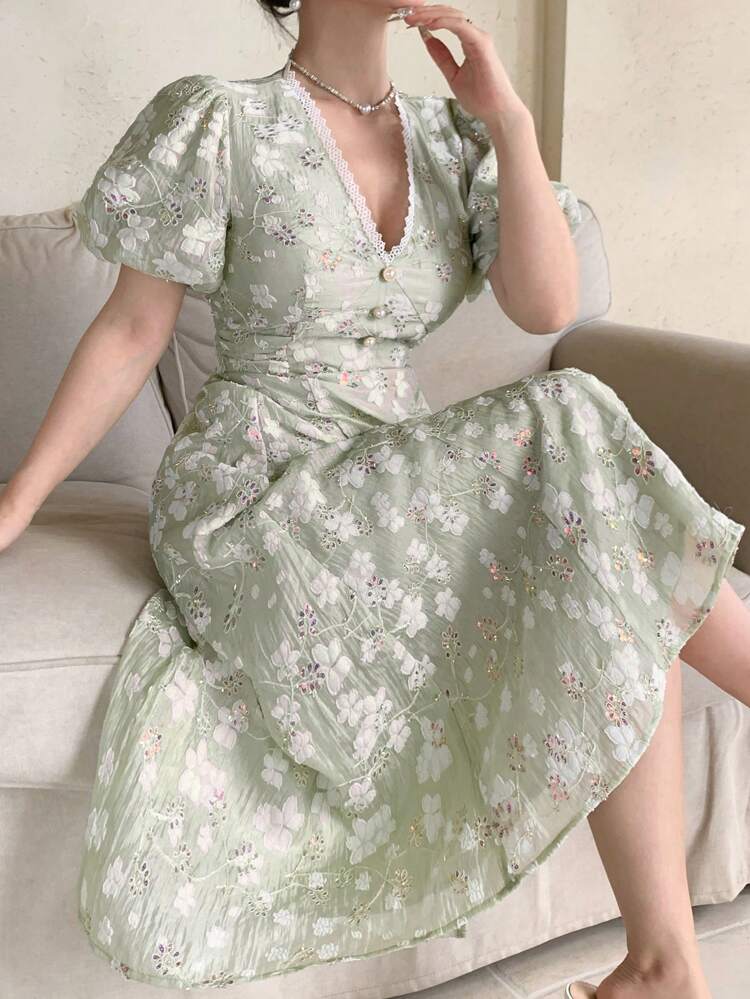 Women's Floral Print V-Neck Short Puff Sleeve Pearl Button Textured Midi Vacation Dress Boho