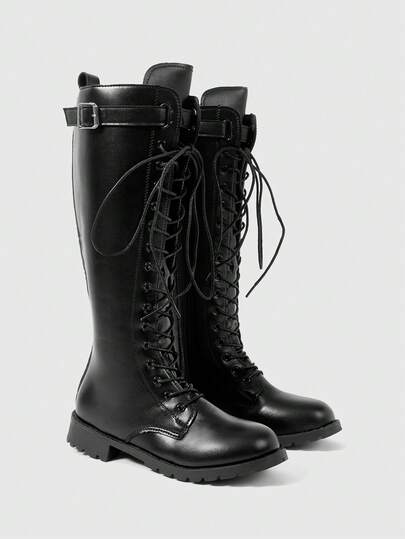 Grunge Punk Women's Black Punk Rock Gothic Platform Buckle Strap Thick Sole Motorcycle Knee-High Boots, Leather Tall Boots For Parties & All-Season Wear, Halloween