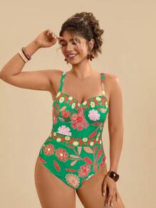 Travachic 大码假日休闲热带花卉印花细肩带泳衣 + 蝴蝶结腰带长款罩衫泳装 2 件套女式 - 綠色 - 查看 4