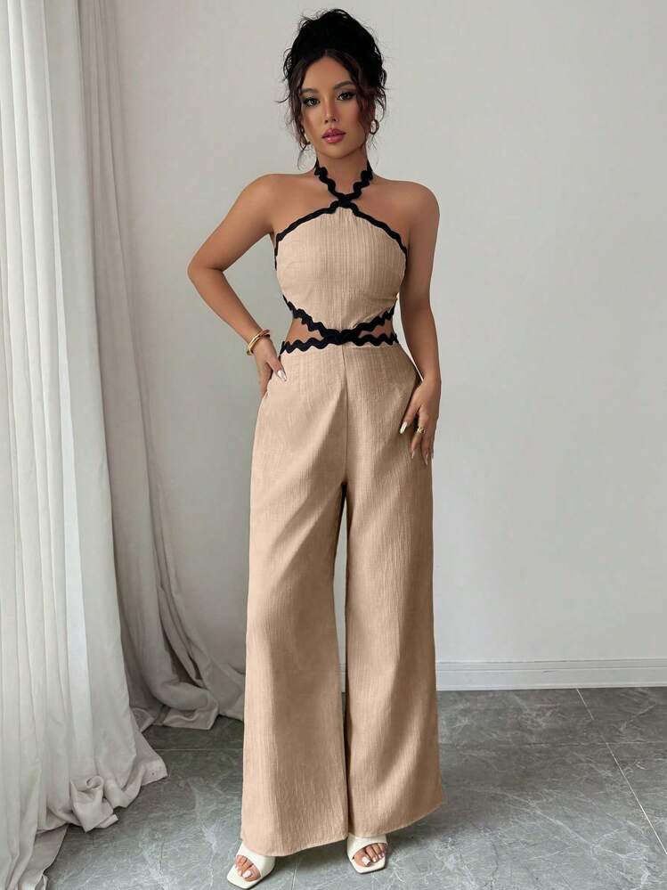 Selianne Monos de moda para mujer con diseño de empalme, textura de volantes ondulados y diseño calado - Caqui - Añade 3