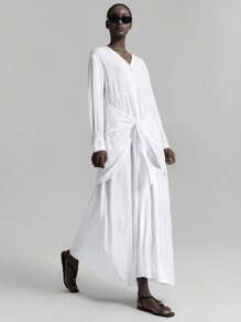 Ontre White Autumn Effortless Chic Elegant Vacation Women V-Neck Drop Shoulder Long Sleeve Waist Tie Casual Versatile Maxi Dress For Daily Easter Wedding - White - View 4
