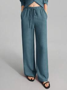 Ontre 2026春夏新款女士两件套，日常休闲家居服，海滩度假装，长裤+长袖衬衫套装，早午餐装，音乐节套装，优雅女士两件套，派对商务休闲基础款服装，春夏新款服装 - 藍色 - 查看 3