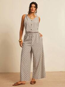 Freevana Bộ đồ liền thân ống rộng không tay in họa tiết khắp người cỡ lớn dành cho nữ - Nhiều màu - Xem 3