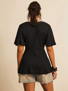 Freevana Plus Waffle Knit Butterfly Sleeve Peplum Tee - Black - View 2