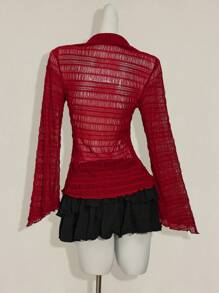 SHEIN ICON 女士性感纯色透视长袖开衫衬衫 - 紅色 - 查看 2