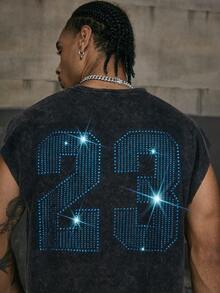 AXEPEAK 男式宽松数字印花圆领背心 - 黑色 - 查看 3