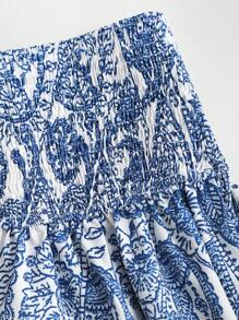 Sweetra Spring/Summer Casual Cashew Flower Pattern High Waist Pleated Ruffles Hem Short Skirt For Women - Blue - View 3