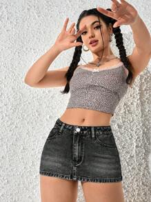 SHEIN PETITE Jupe en jean moulante courte avec décoration de poche, style décontracté pour femme - Noir - Voir 7