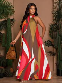 SOLERSUN Plus Size Women's Spring And Summer Loose Casual Printed Sleeveless Back Neck Tie Drawstring A-Line Dress, Summer Dress, Beach Vacation Long Dress (With Side Pockets) - Orange - View 1