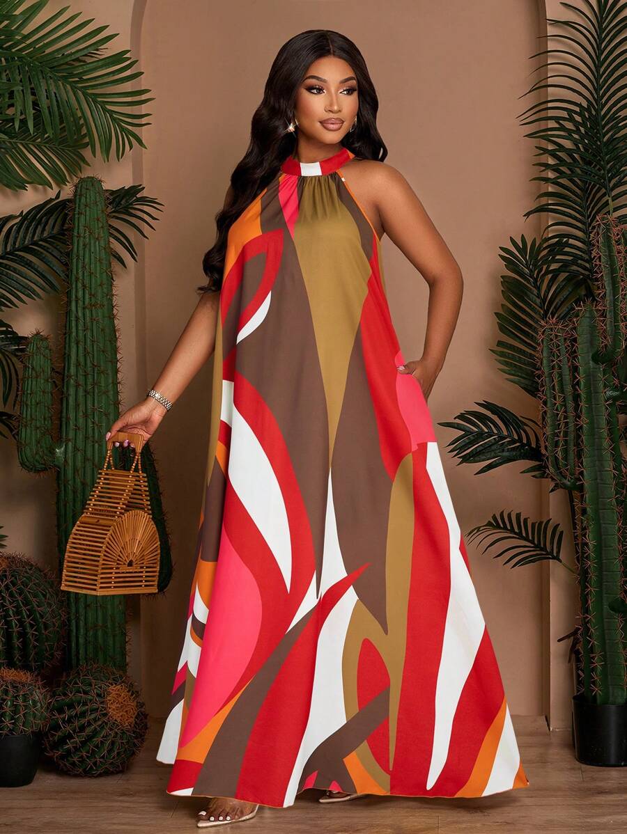 SOLERSUN Plus Size Women's Spring And Summer Loose Casual Printed Sleeveless Back Neck Tie Drawstring A-Line Dress, Summer Dress, Beach Vacation Long Dress (With Side Pockets) - Orange - View 1