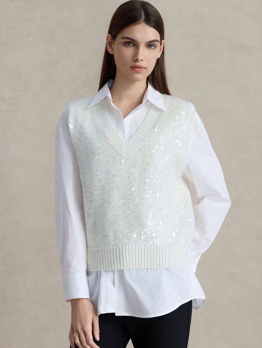 Briarwyn 女式闪光针织上衣，夏季时尚，秋季女装，返校服装，复古服装，女士办公室服装，全白闪光亮片