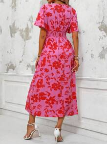 SHEIN PETITE 女士优雅法式休闲度假音乐节腰带 V 领短袖 A 字中长连衣裙，带纽扣装饰 - 彩色 - 查看 2