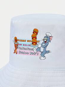 TOM & JERRY X SHEIN Reversible White Allover Print Bucket Hat