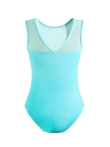 SHEIN Tween 女童扎染渐变粉色连体衣，高弹力紧身连体衣，适合舞蹈、芭蕾、体操、无袖、水钻装饰和优雅运动服 - 藍色 - 查看 2