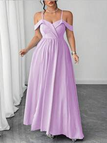 Elenzga 大码女式细肩带露肩连衣裙，优雅开衩礼服 - 淡紫色 - 查看 4