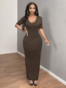 SHEIN SXY 女士纯色 V 领紧身短袖连衣裙 Hoco Dresses - 咖啡 - 查看 6