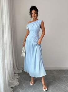 Modelyn 女式提花拼接雪纺不对称肩部夏季连衣裙 - 藍色 - 查看 5