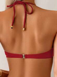 Swim Chiccia 2025 年夏季女式金属环装饰抽绳挂脖系带比基尼套装，度假海滩泳衣 - 紅色 - 查看 5