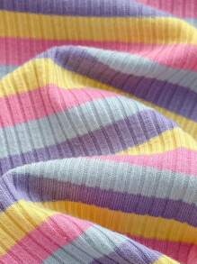 SHEIN Newborn Baby Girl Adorable Summer Knitted Colorful Striped Floral Print Long Sleeve Top And Elastic Waist Long Pants Set Fall Winter