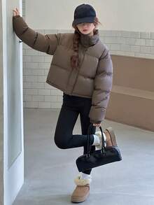 DAZY 青少年（女孩）休闲街头风格宽松短款棉衣，冬季 - 咖啡棕 - 查看 7