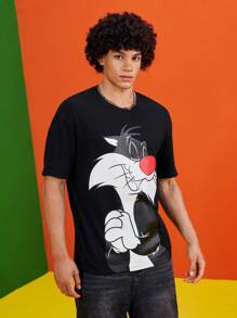LOONEY TUNES X SHEIN Men's Summer Cartoon Pattern Round Neck Short Sleeve T-Shirt, Graphic Tee - Black - View 3