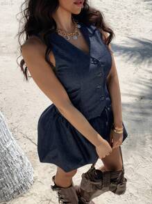 DAZY 2pcs/Set Women Summer V-Neck Sleeveless Top & Floral Mini Skirt Casual Denim Suit - Dark Wash - View 7