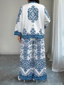 Elenzga 加大码女式衬衫长袖圆领纽扣领定位印花和直筒裤优雅休闲装 - 彩色 - 查看 2