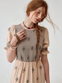 Florisole 波西米亚拼色连衣裙，夏季 - 杏色 - 查看 6