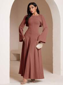 Veilorie 2pcs Women Solid Color Long Sleeve Cropped Top And Halter Neck Dress Elegant Set - Red - View 4