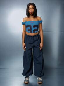 SUMWON WOMEN Bardot Corset Baller Crop Top Off Shoulder Sports Team Number Varsity Cheerleader Style Summer Spring Festival Streetwear Y2K Fashion