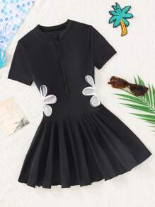 SHEIN Leap Crew 青少年女童黑色撞色白色腰部镂空夏季休闲度假沙滩针织短袖开衫拉链连体泳衣