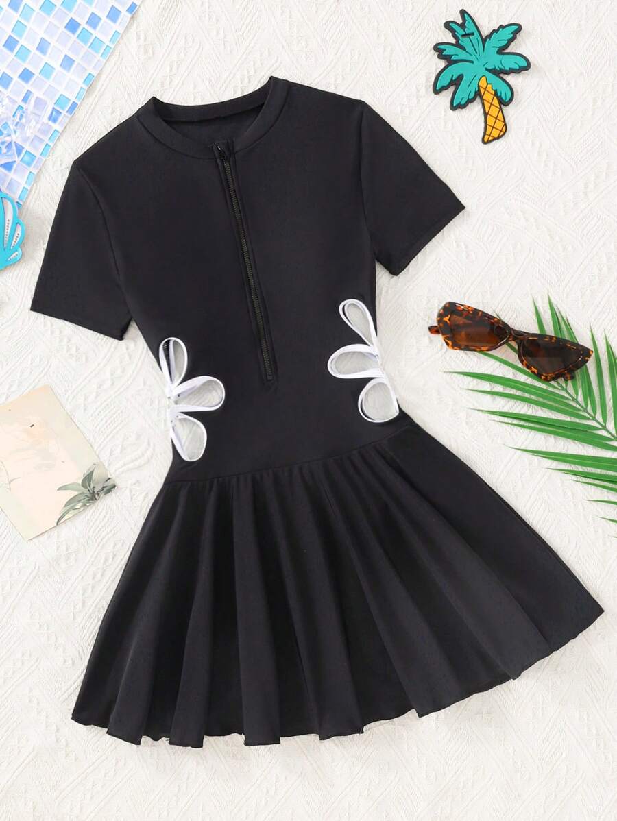 SHEIN Leap Crew 青少年女童黑色撞色白色腰部镂空夏季休闲度假沙滩针织短袖开衫拉链连体泳衣