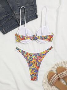 SHEIN Swim Áo bikini dây điều chỉnh họa tiết hoa ngẫu nhiên cho nữ và quần bikini cạp cao, kỳ nghỉ hè ở bãi biển - Nhiều màu - Xem 3