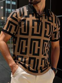 Manfinity Dauomo 男士夏季幾何印花短袖休閒Polo衫，商務休閒