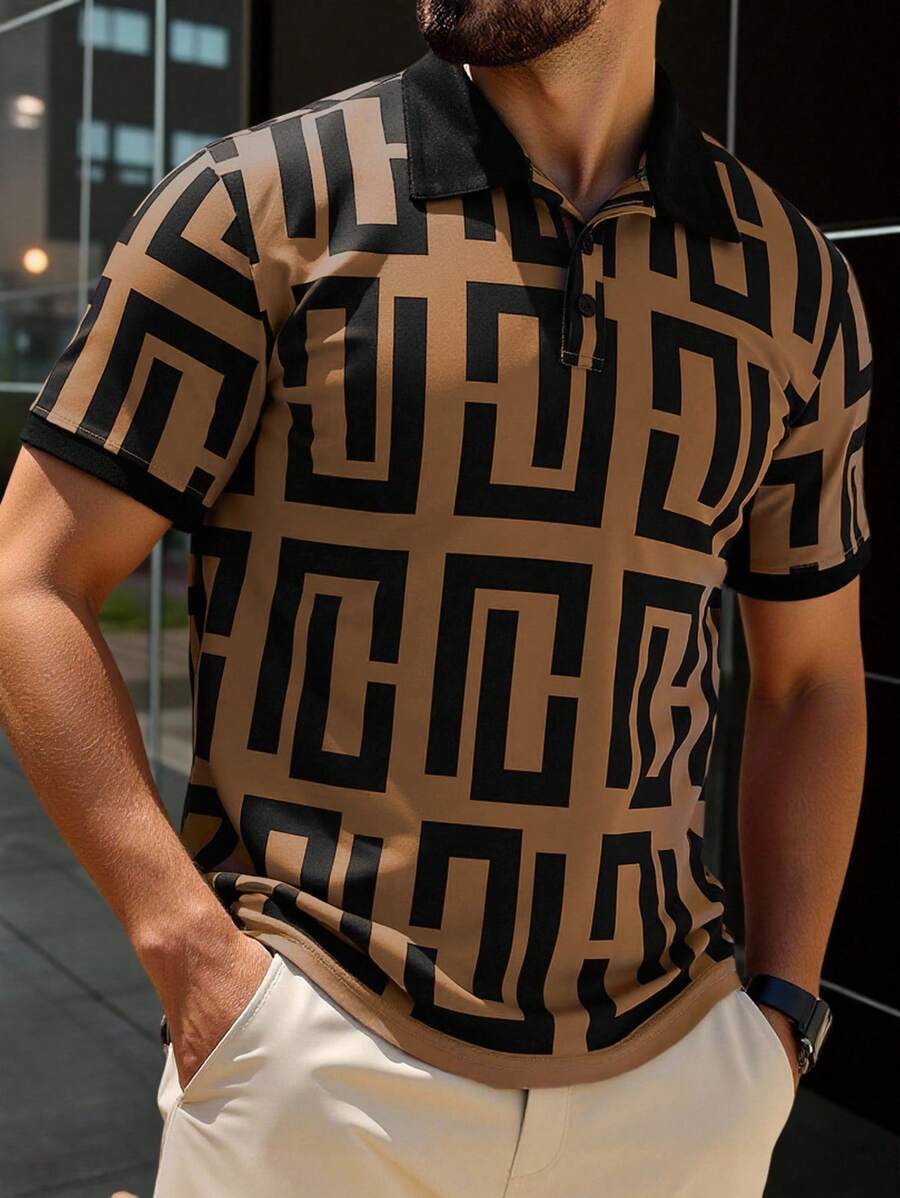 Manfinity Dauomo 男士夏季幾何印花短袖休閒Polo衫，商務休閒