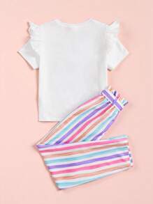SHEIN Tween Girl Printed Round Neck T-Shirt With Striped Loose Fit Pants Two-Piece Set - Multicolor - View 2