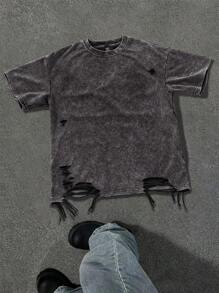 Manfinity EMRG 男士不对称剪裁破洞流苏水洗雪花 T 恤，春夏男装，男友礼物破洞超大 T 恤，垃圾服装撕破 T 恤，2000 年代风格 - 淺灰紫 - 查看 2