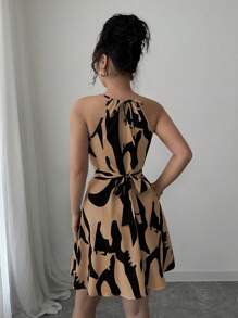 Selianne Women's Black And White Printed Elegant Sleeveless Halter Neck Dress