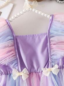 SHEIN 女婴夏季韩版修身可爱粉色雪纺拼接彩色网纱荷叶边蝴蝶结装饰连体连衣裙 - 紫色 - 查看 3