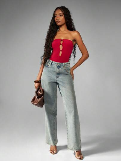 MISSGUIDED Elegant Strapless Cutout Bodysuit With Gold Hardware｜MISSGUIDED