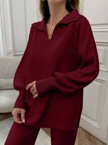 EURMUSE Rib Pattern Polo Neck Sweater And Pant 2pcs Set