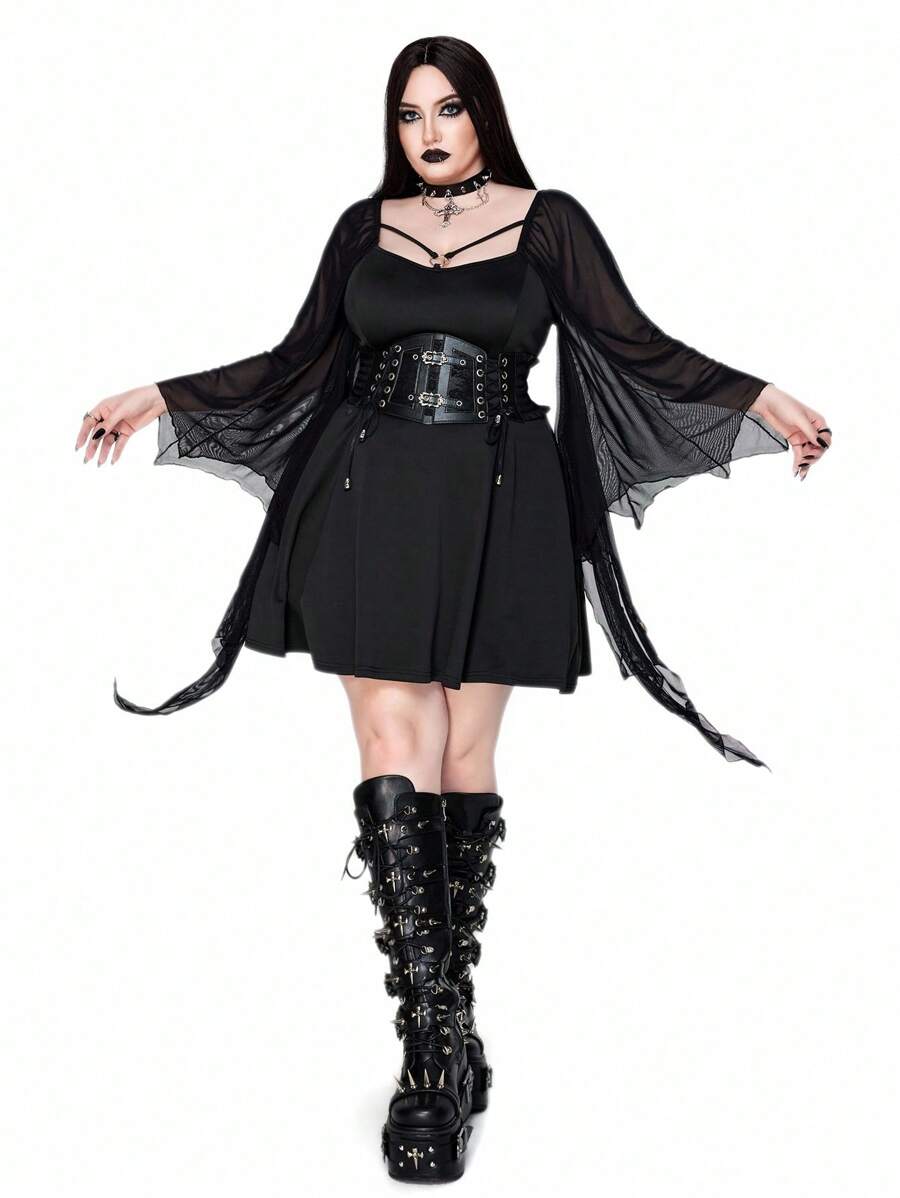 Whyspr Đầm suông tay loe lưới màu trơn cỡ lớn cho nữ - màu đen - Xem 1