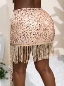 Zivah Lễ hội âm nhạc Bohemian mới mùa xuân/hè 2025 Phục sinh thường ngày cá nhân hóa thời trang đường phố tiệc gợi cảm ngọt ngào dễ thương Y2K mơ vàng rỗng kim sa xuyên thấu kết cấu móc len viền bất đối xứng tua rua đính kim sa buộc váy bó sát mini - Màu be - Xem 2