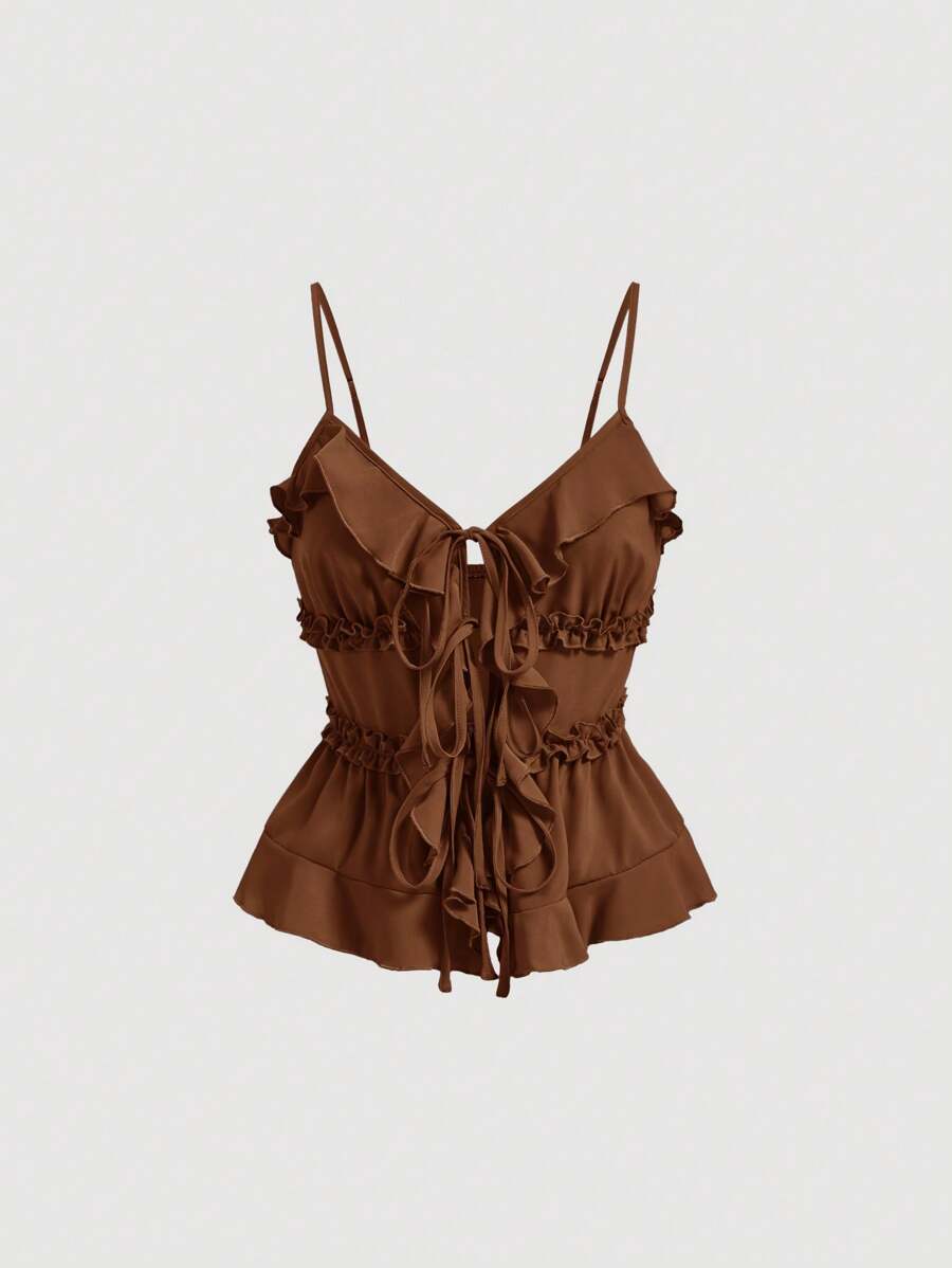 SHEIN MOD Summer Brown Bodycon Ruffle Cup Wireless Bralette With Front Knot And Back Straps