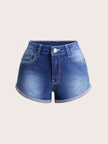 SHEIN MOD Women's Pocketed Embroidered Feather Pattern Denim Shorts - Dark Wash - View 2
