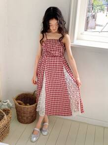 Dazy Kids Girl's Fashionable Plaid Cami Dress - Red and White - View 5