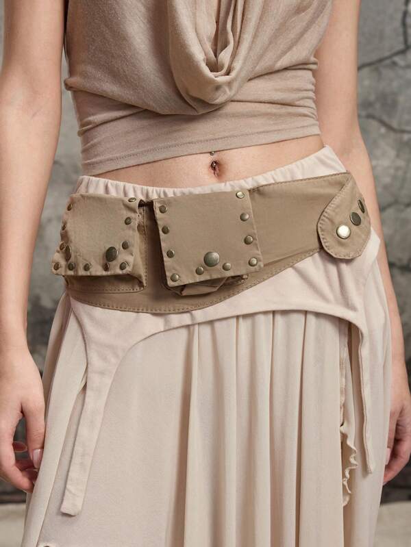ROMWE Hippie 1 Stück Vintage Hippie Stil Hüfttasche mit Mehreren Taschen und Nieten Dekor, breiter Gürtel für Frauen