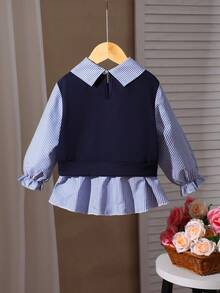 女童条纹领衬衫，甜美公主风蓝白条纹长袖拼接，饰有3D立体花朵荷叶边下摆，柔软轻盈，适合春秋季、开学季及四季穿着 - 藍色 - 查看 2