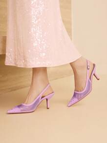 MOTF PREMIUM WOMEN'S POINTED TOE MESH & RHINESTONE SLINGBACK HIGH HEELS - Purple - View 5